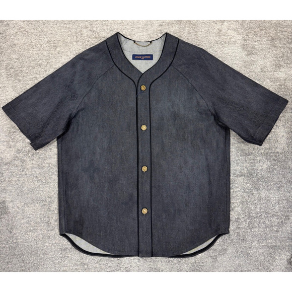 Louis Vuitton Black Embossed Monogram Logo Baseball Shirt Short Sleeve Button L - Picture 2 of 16